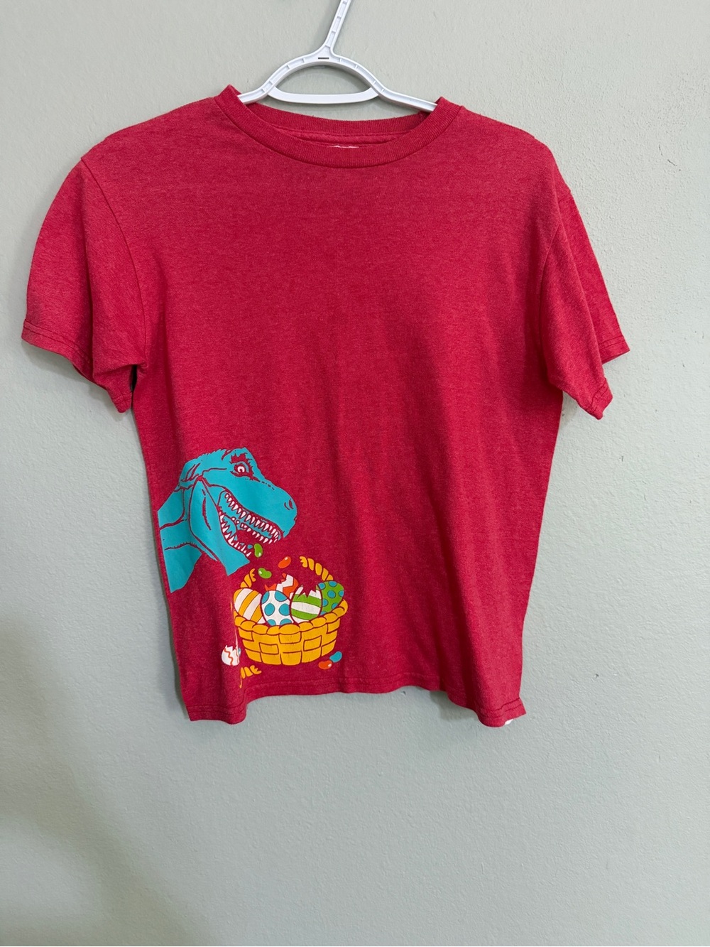 Delta Red Tee with Teal Dinosaur and Yellow Basket Graphic